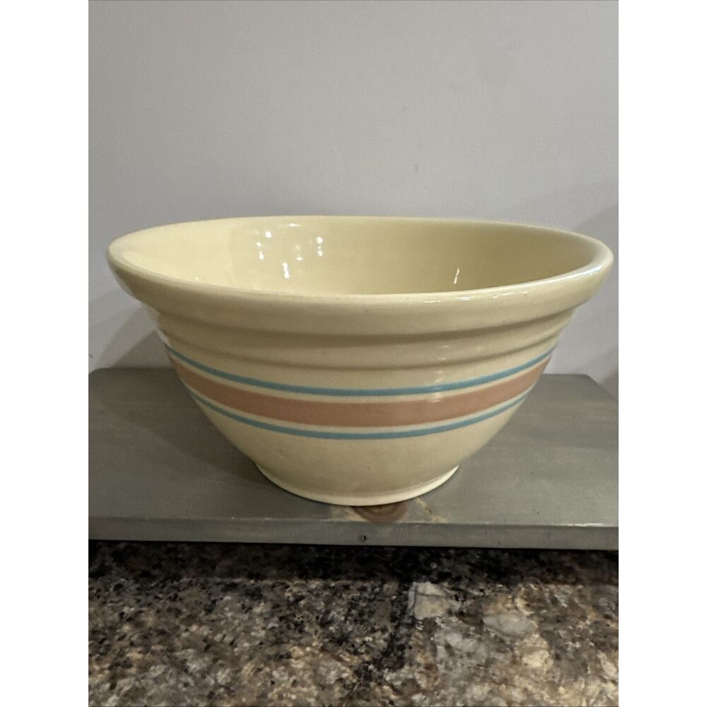 Vintage Oven Ware Pink Blue Striped Large Mixing Bowl 12 In Rare